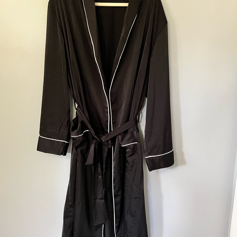 Elegant Black Satin Robe with White Trim